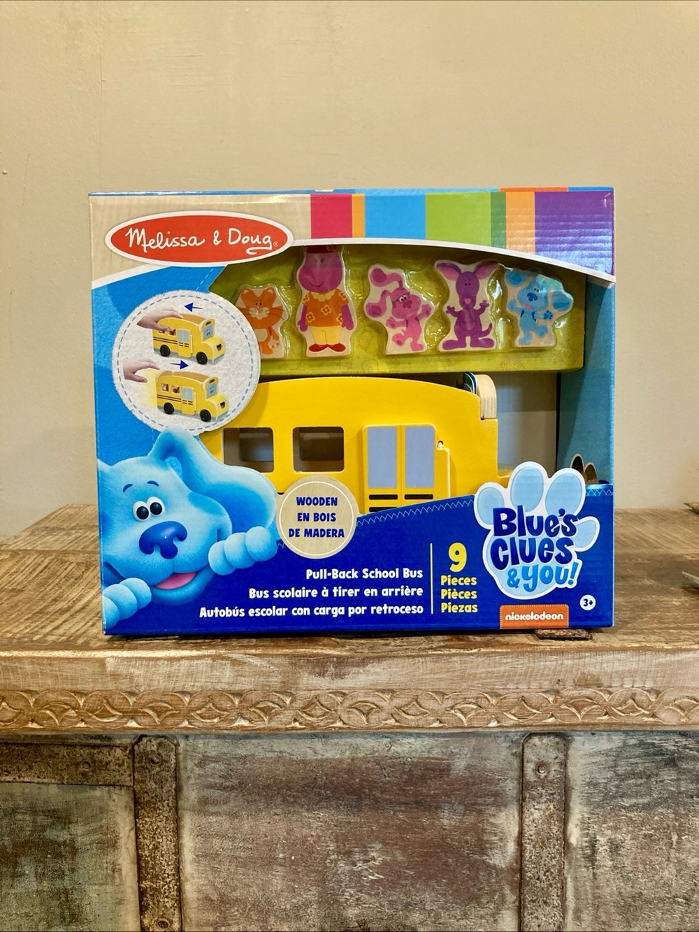 Melissa & Doug Blue's Clues & You Yellow Wooden Pull-Back School Bus Playset